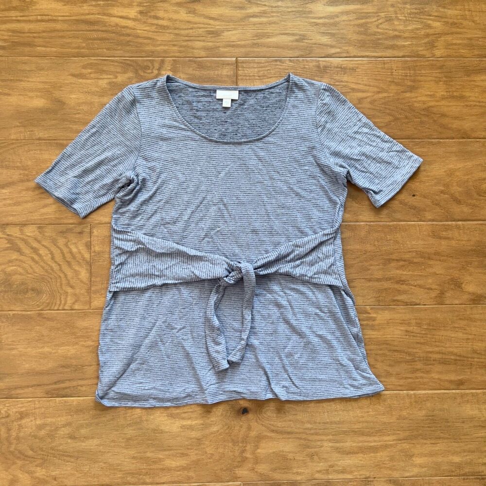 J.Jill Pure Jill Top Size S Blue Striped Tie Front Short Sleeve Linen Blend